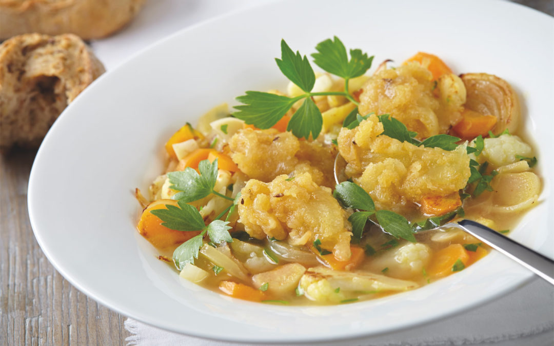 Vegetable soup with Olomoucke tvaruzky cheese dumplings