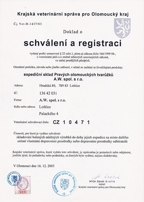 Schválení a registrace Hradská 80, 789 83 Loštice CZ 10471