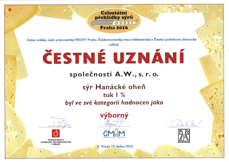 Čestné uznání z Celostátní přehlídky sýrů 2016
