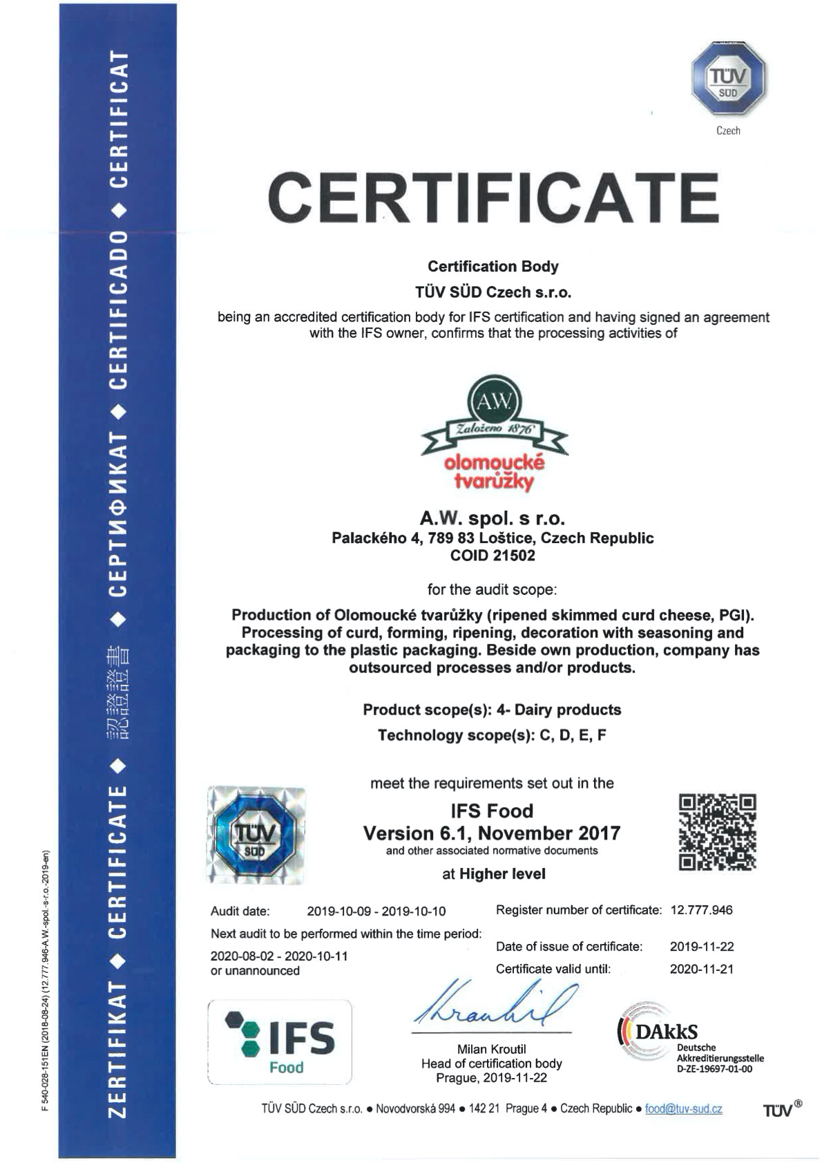 Certifikát IFS